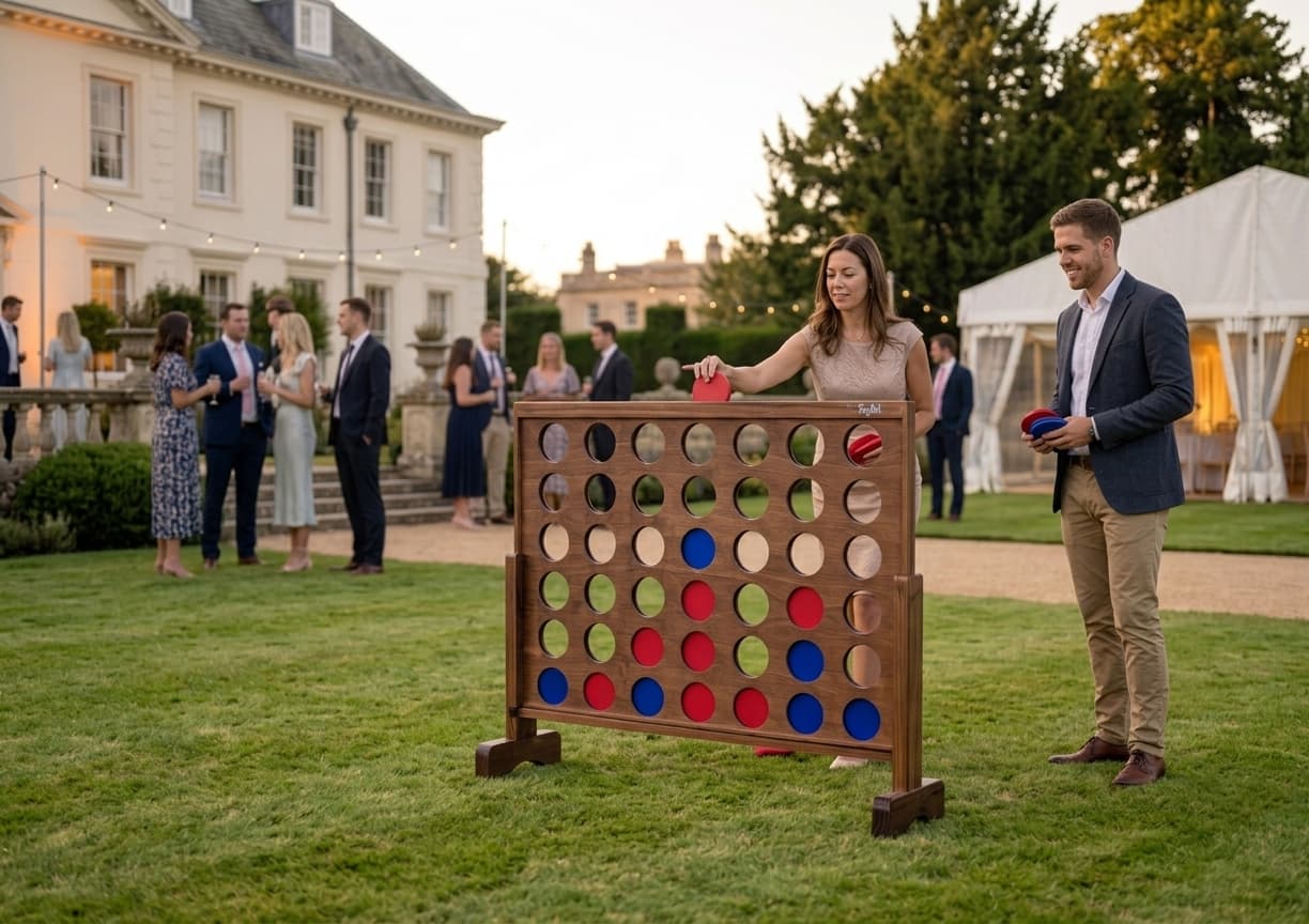 Jeux en bois géants à louer : Puissance 4 géant dans un jardin lors d’un événement en Normandie